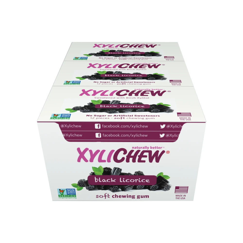 obrázek žvýkačky Black Licorice Xylitol od amerického výrobce Xylichew v master balení s 24 blistry bez aspartam (bez umělých/syntetických ingrediencí) | Pro webové stránky: healthychewinggum.com | Zdroj: Xylichew