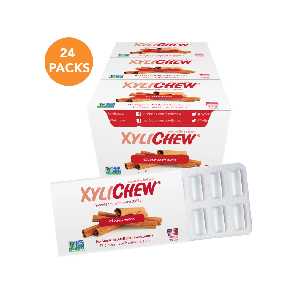 picture of Cinnamon Xylitol Chewing Gum by Xylichew in master case with 24 blisters aspartam free and no artificial ingredients | For website: healthychewinggum.com | Source: Xylichew