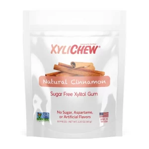 image of cinnamon xylitol gum from Xylichew in a bag of 50 on a white background | For website: healthychewinggum.com | Source: Xylichew