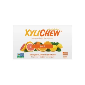 obrázek Ovocné Xylitol žvýkačky - 1 blistr od výrobce Xylichew v blistru s 12 kusy na bílém pozadí bez aspartamu (neobsahuje aspartam) | Pro webové stránky: healthychewinggum.com | Zdroj: Xylichew