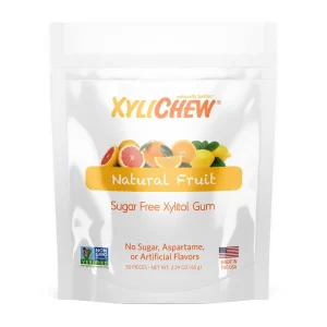 obrázek žvýkaček ovocné xylitol od Xylichew v sáčku s 50 kusy na bílém pozadí bez aspartamu (neobsahuje aspartam) | Pro webové stránky: healthychewinggum.com | Zdroj: Xylichew