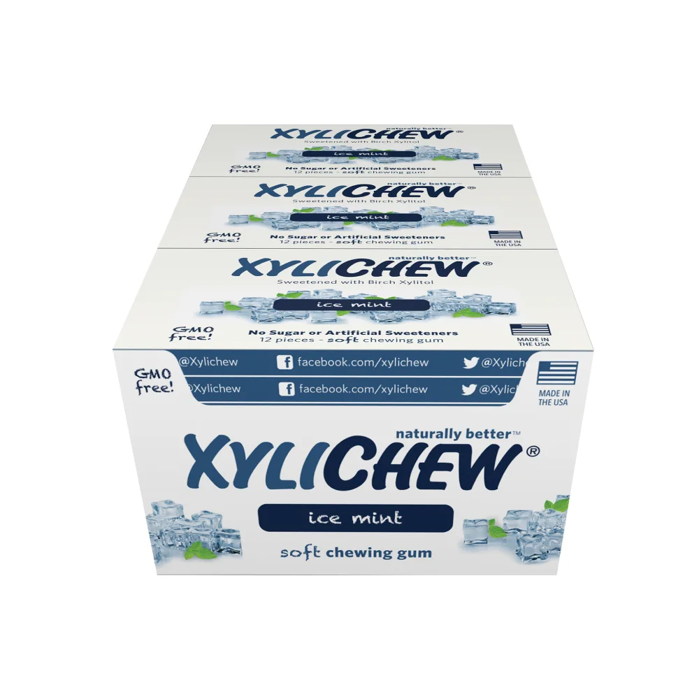 Na obrázku větší balení ice mint xylitol žvýkačky od výrobce Xylichew - 24x12 blister, web: healthychewinggum.com, zdroj: xylichew