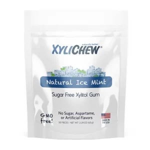obrázek Ice Mint Xylitol žvýkačky - 1 sáček od Xylichew v sáčku s 50 kusy bez aspartamu (neobsahují aspartam) | Pro web: healthychewinggum.com | Zdroj: Xylichew