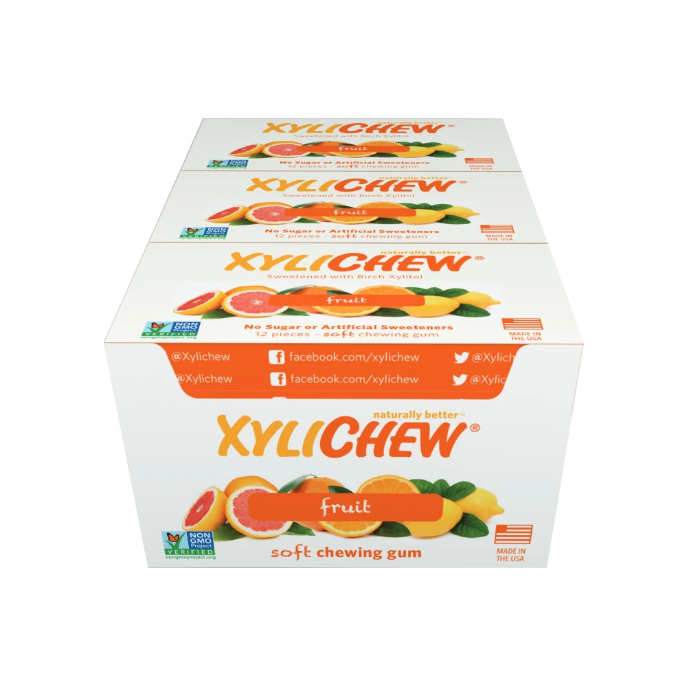 picture of Fruit Xylitol Chewing Gum by Xylichew in master case with 24 blisters aspartam free and no artificial ingredients | For website: healthychewinggum.com | Source: Xylichew