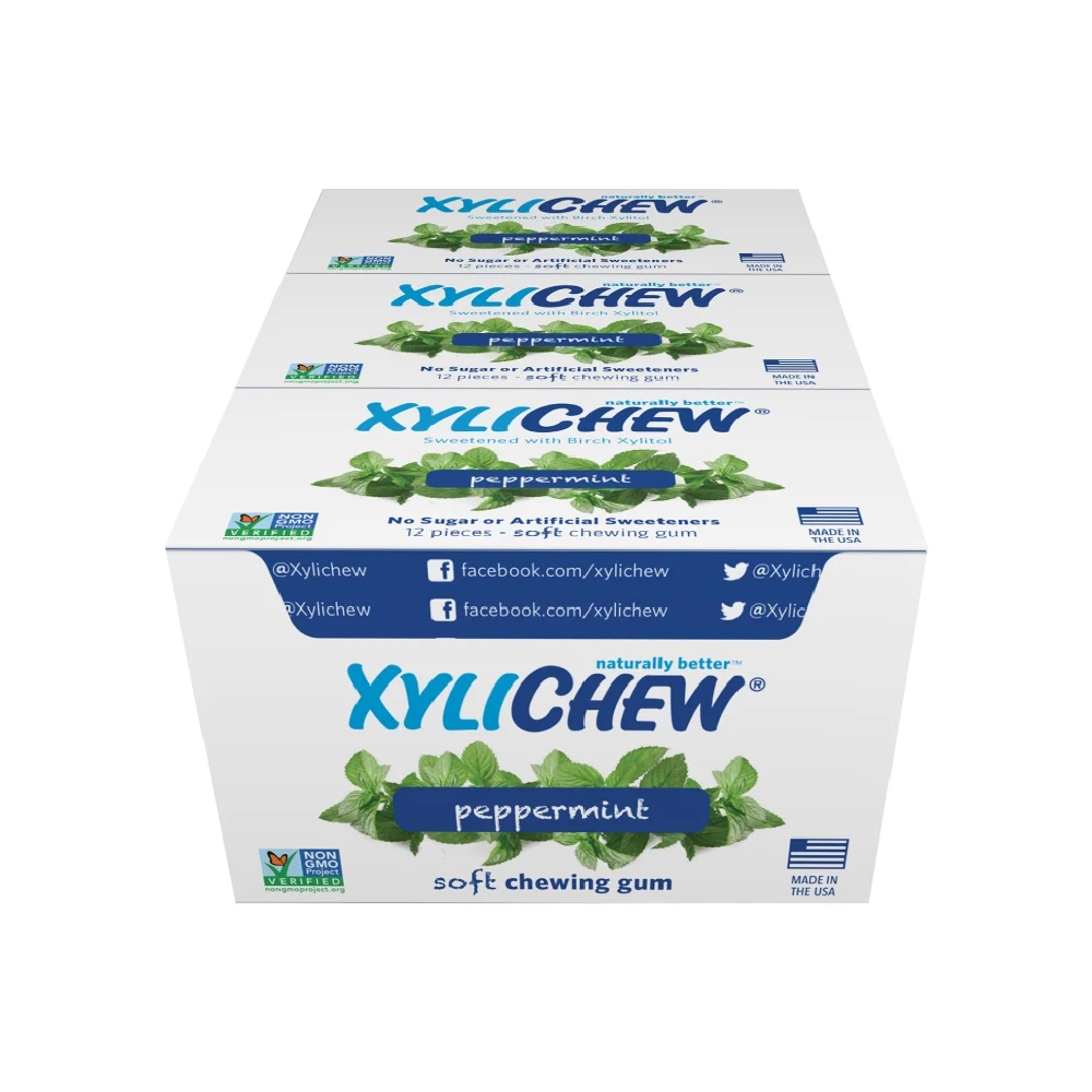 picture of Peppermint Xylitol Chewing Gum by Xylichew in master case with 24 blisters aspartam free and no artificial ingredients | For website: healthychewinggum.com | Source: Xylichew
