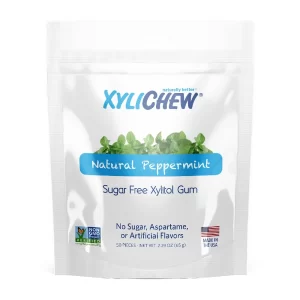 obrázek Peppermint Xylitol žvýkačky - 1 sáček od Xylichew v sáčku s 50 ks na bílém pozadí bez aspartamu (neobsahují aspartam) | Pro webové stránky: healthychewinggum.com | Zdroj: Xylichew