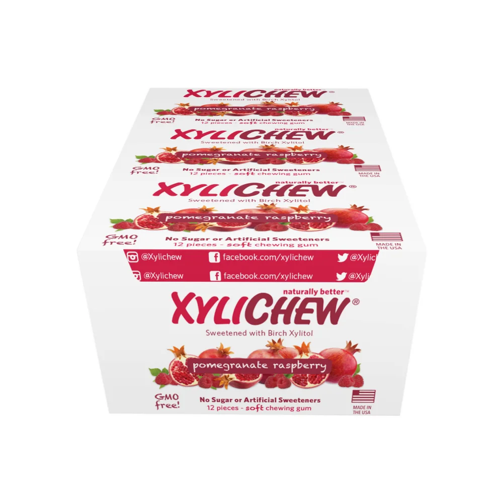 picture of Pomegranate Raspberry Xylitol Chewing Gum by Xylichew in master case with 24 blisters aspartam free and no artificial ingredients | For website: healthychewinggum.com | Source: Xylichew