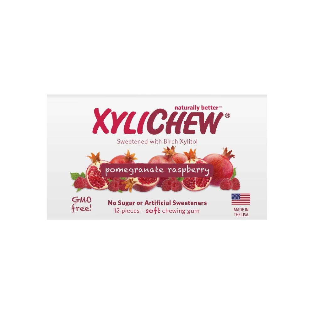 obrázek Granátové jablko Xylitol žvýkačky - 1 blistr od Xylichew v blistru s 12 kusy na bílém pozadí bez aspartamu (neobsahuje aspartam) | Pro webové stránky: healthychewinggum.com | Zdroj: Xylichew