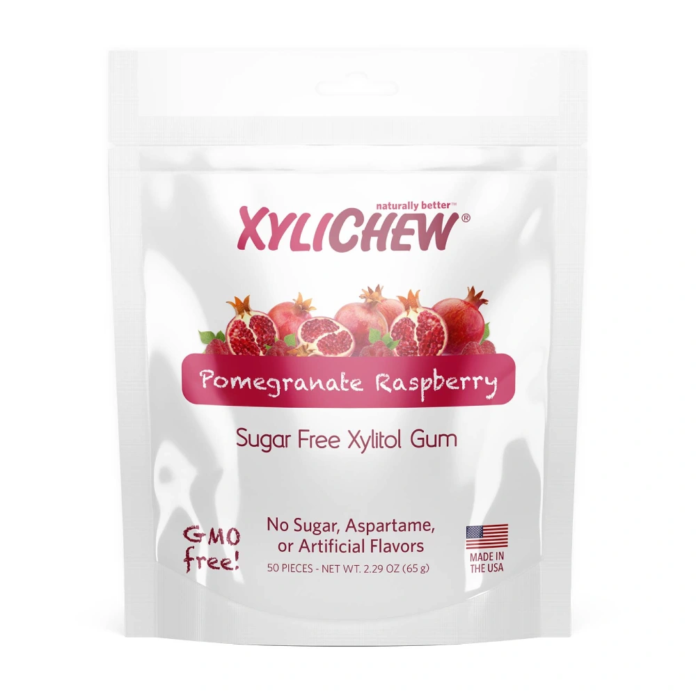 obrázek xylitolových žvýkaček Granátové jablko Malina od Xylichew v sáčku s 50 ks bez aspartamu (neobsahuje aspartam) | Pro webové stránky: healthychewinggum.com | Zdroj: Xylichew.cz Xylichew