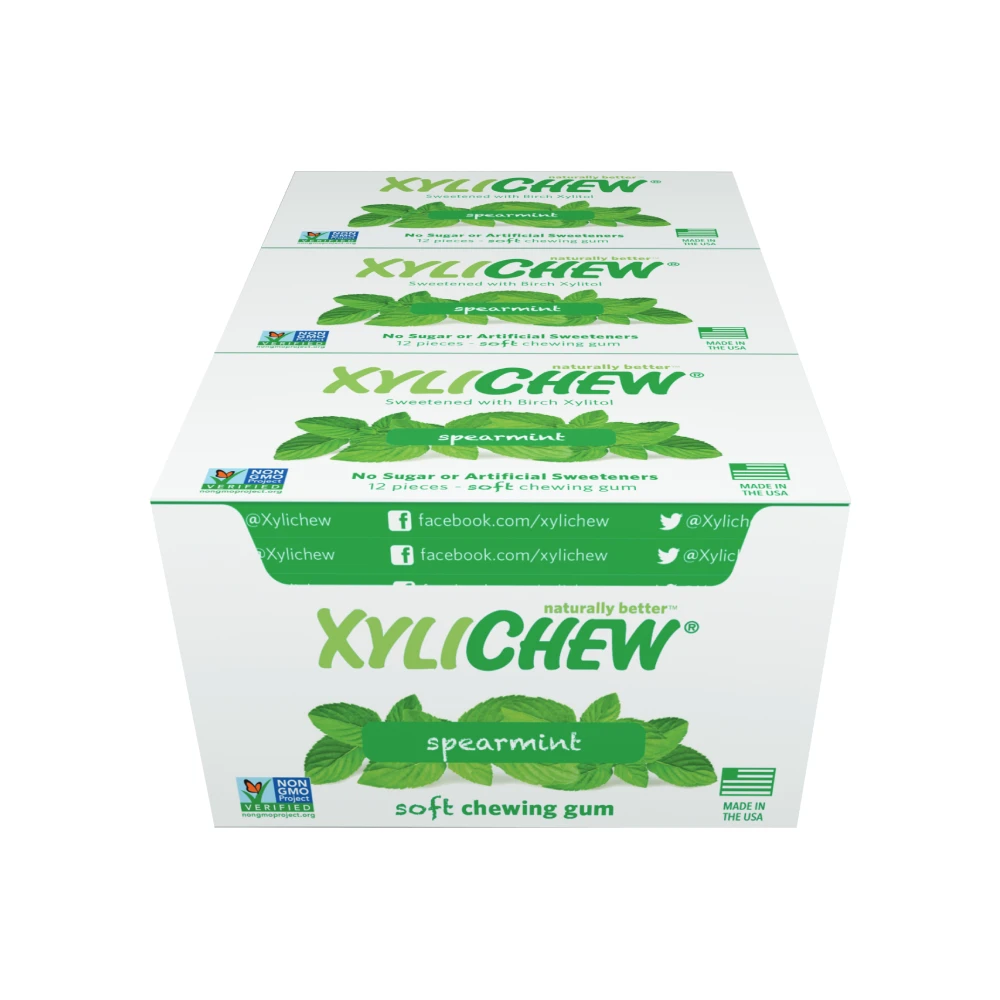 picture of Spearmint Xylitol Chewing Gum by Xylichew in master case with 24 blisters aspartam free and no artificial ingredients | For website: healthychewinggum.com | Source: Xylichew