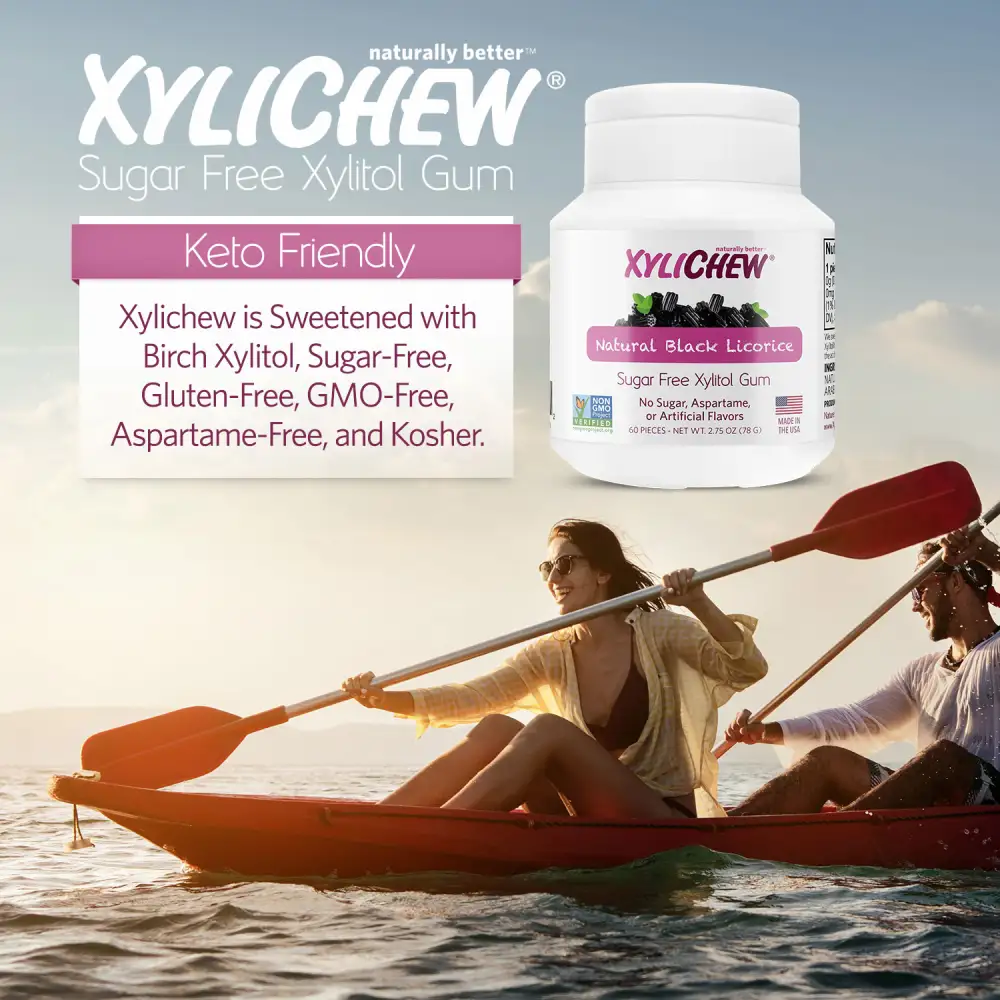 picture of man and woman canoeing in a water with title and bottle of Natural Black Licorice Xylitol chewing gum from Xylichew without aspartam (aspartam free) | For website: healthychewinggum.com | Source: Xylichew