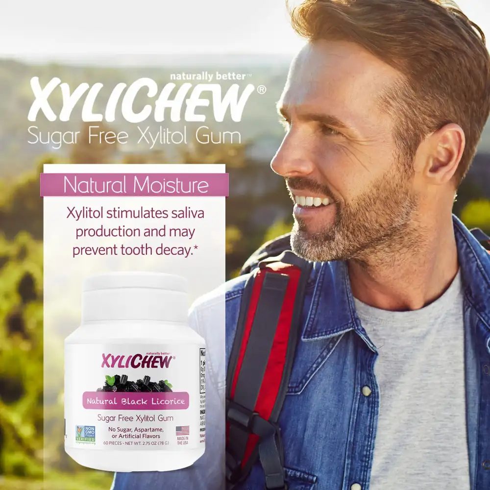 image of a man in nature with a backpack and a description and photo of xylitol Natural Black Licorice chewing gum in a bottle pack of 60 chewing gums from the manufacturer Xylichew without aspartam (aspartam free) | For website: healthychewinggum.com | Source: Xylichew