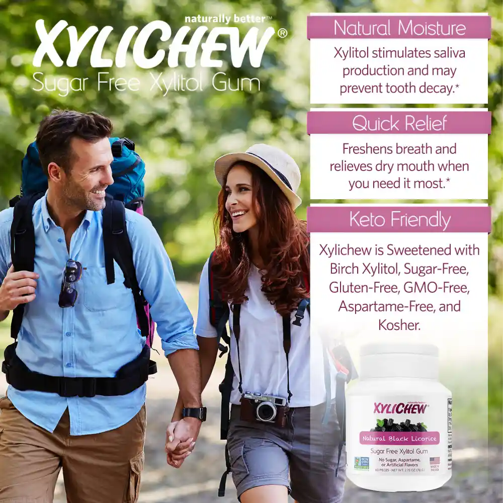 image of a man and a woman walking as tourists in nature with backpacks and a description with the benefits of chewing gum and a photo of xylitol Natural Black Licorice chewing gum in a bottle package with 60 chewing gums from the manufacturer Xylichew | For website: healthychewinggum.com | Source: Xylichew
