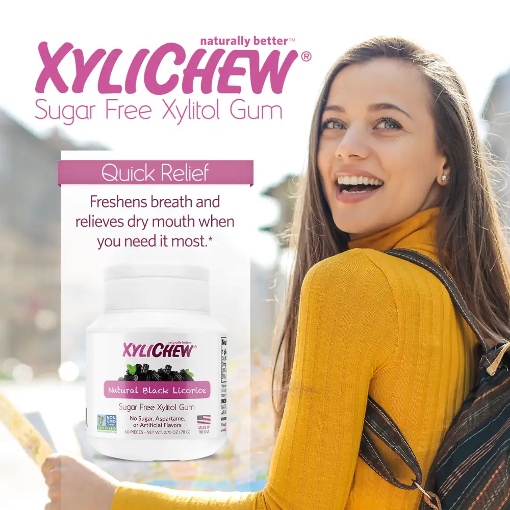 image of a woman in nature with backpack and map and a description and photo of xylitol Natural Black Licorice chewing gum in a bottle pack of 60 chewing gums from the manufacturer Xylichew without aspartam (aspartam free) | For website: healthychewinggum.com | Source: Xylichew