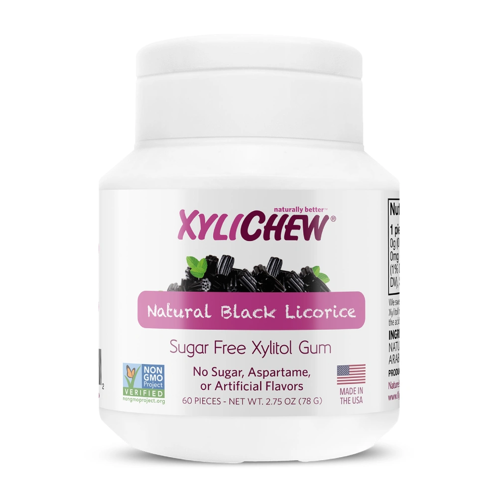 picture of Natural Black Licorice Xylitol Chewing Gum from Xylichew in a bag with 50 pcs on white background without aspartam (aspartam free) | For website: healthychewinggum.com | Source: Xylichew