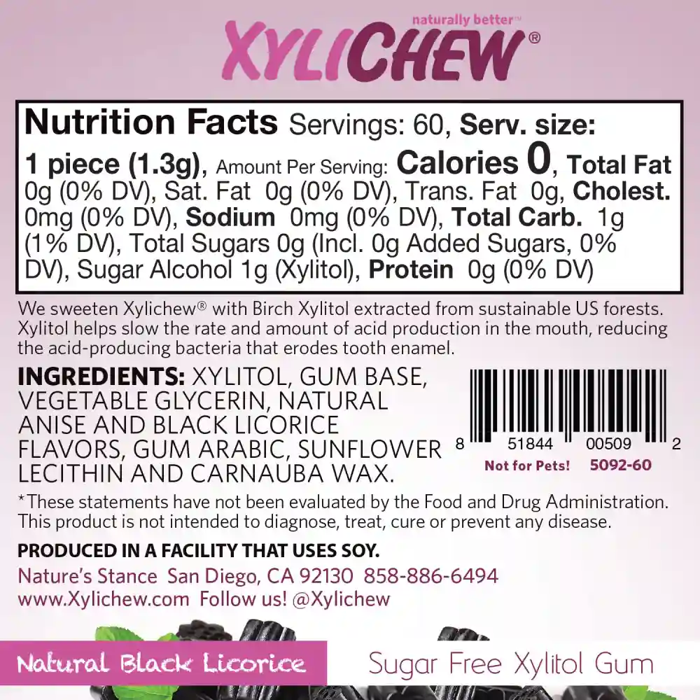 picture with the composition of xylitol natural black licorice chewing gum in a bottle package with 60 pcs chewing gums from Xylichew without aspartam (free aspartam) | For website: healthychewinggum.com | Source: Xylichew
