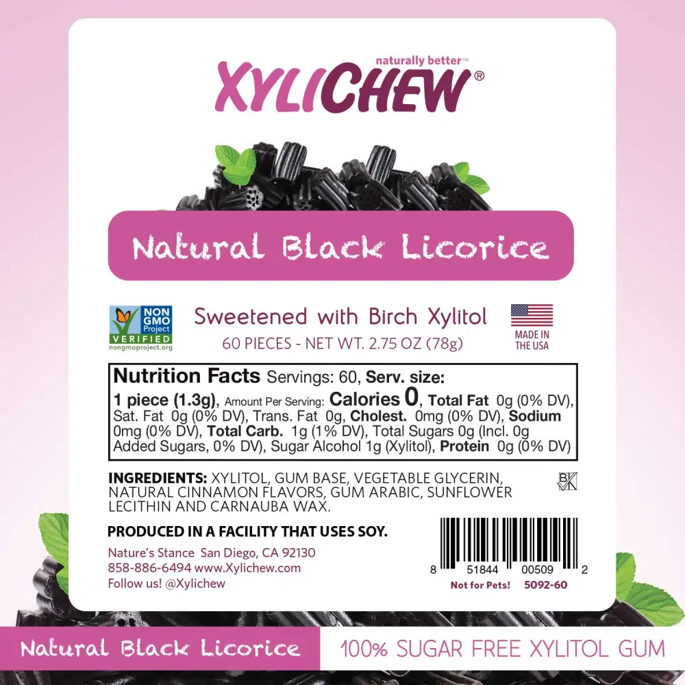 picture with the composition of xylitol natural black licorice chewing gum in a bottle package with 60 pcs chewing gums from Xylichew without aspartam (free aspartam) | For website: healthychewinggum.com | Source: Xylichew