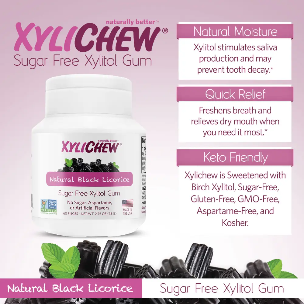 image of xylitol Natural Black Licorice chewing gum and a bottle with 60 pcs from Xylichew with labels on the benefits of chewing without aspartam (aspartam free) | For website: healthychewinggum.com | Source: Xylichew