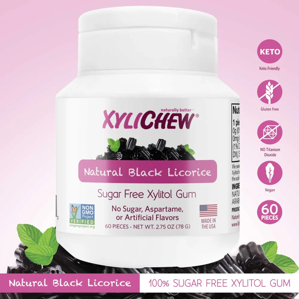 image with Xylichew xylitol chewing gum with Natural Black Licorice flavor in a bottle of 60 pieces and with the benefits of xylitol chewing gum without aspartame | For website: healthychewinggum.com | Source: Xylichew