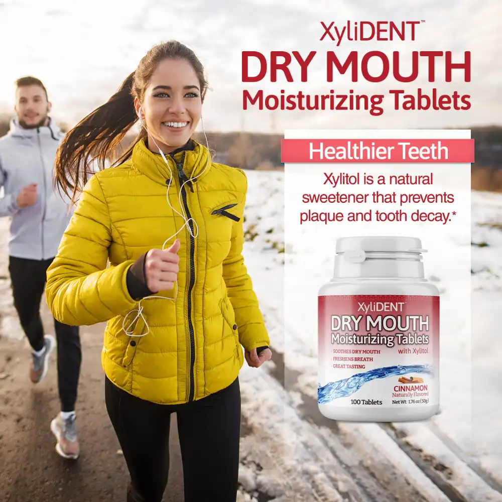 a picture with a man and a woman running on a road in winter and xylitol moisturizing lozenges XyliDENT with Cinnamon flavor in a bottle of 100 pcs without aspartame against dry mouth freshen the breath | For website: healthychewinggum.com | Source: XyliDENT