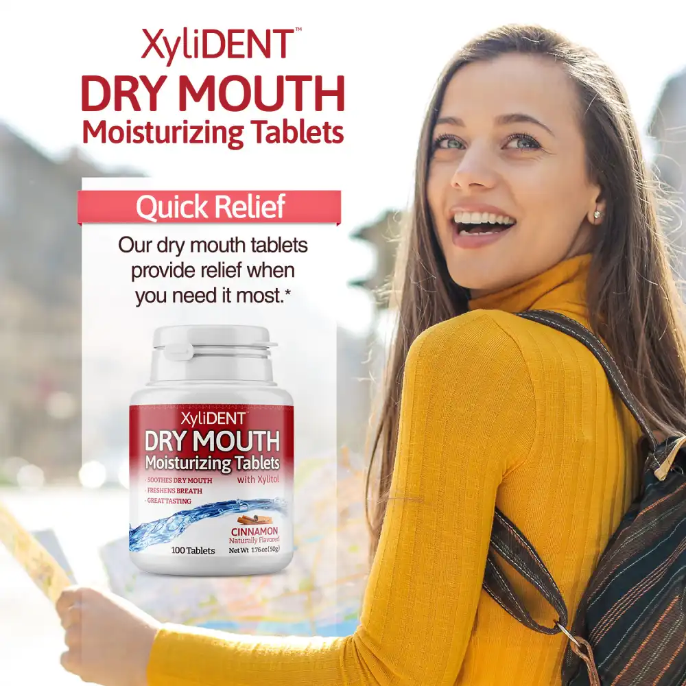 image of a woman in nature with backpack and a description with the benefits of xylitol moisturizing lozenges XyliDENT with Cinnamon flavour in a bottle of 100 pieces aspartame free against dry mouth freshen breath | For website: healthychewinggum.com | Source: XyliDENT