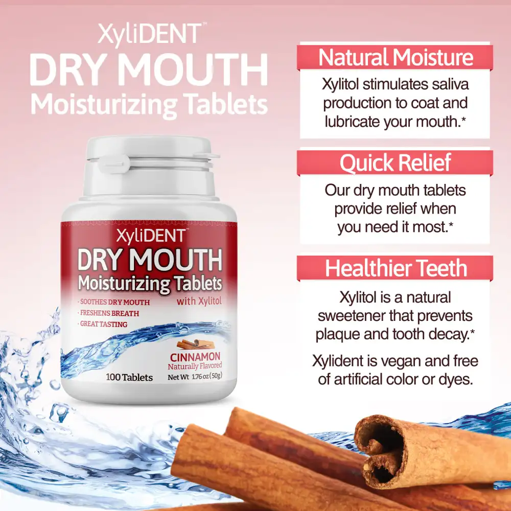image of xylitol moisturizing lozenges XyliDENT with text label at the bottom and with benefits on the right side with Cinnamon flavor in a bottle of 100 pieces aspartame free against dry mouth freshen breath | For website: healthychewinggum.com | Source: XyliDENT
