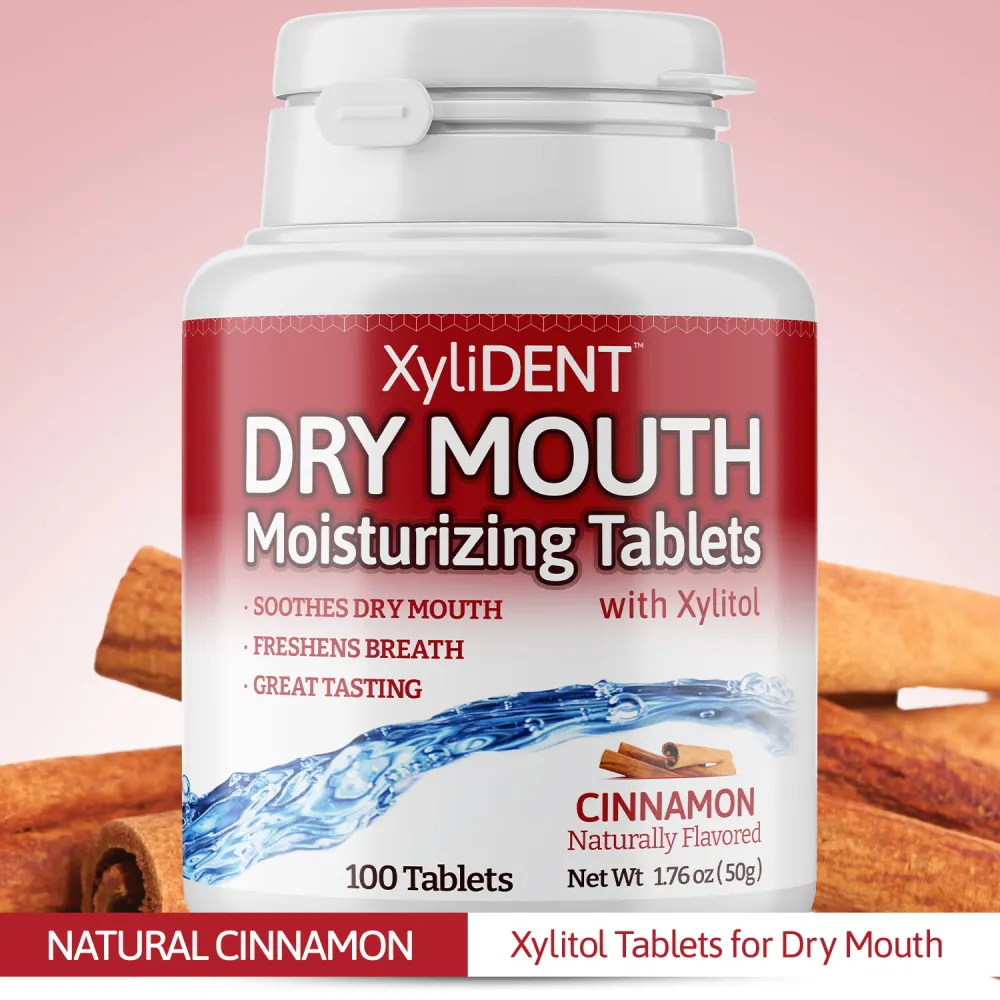 image of xylitol moisturizing lozenges XyliDENT with text label at the bottom with Cinnamon flavor in a bottle of 100 aspartame free against dry mouth freshen breath | For website: healthychewinggum.com | Source: XyliDENT