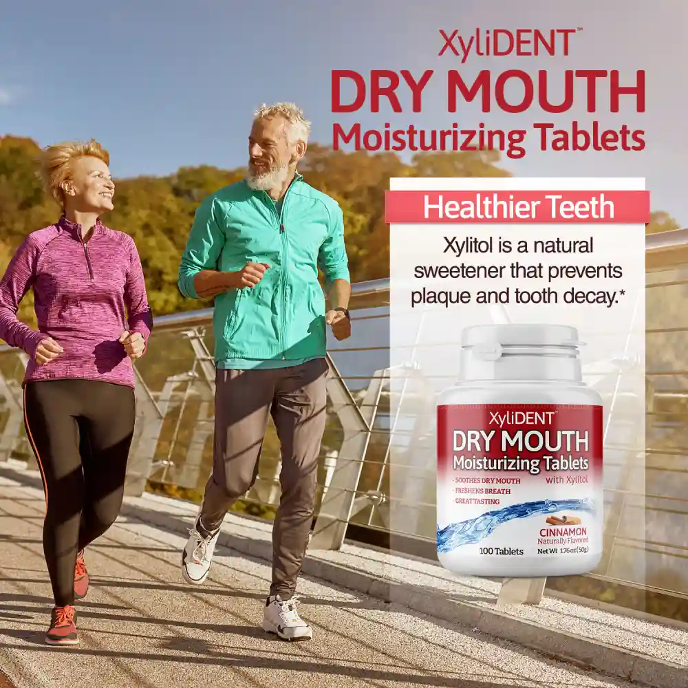a picture of elderly runners on a bridge in nature with xylitol moisturizing lozenges XyliDENT with Cinnamon flavor in a bottle of 100 without aspartame against dry mouth freshen the breath | For website: healthychewinggum.com | Source: XyliDENT