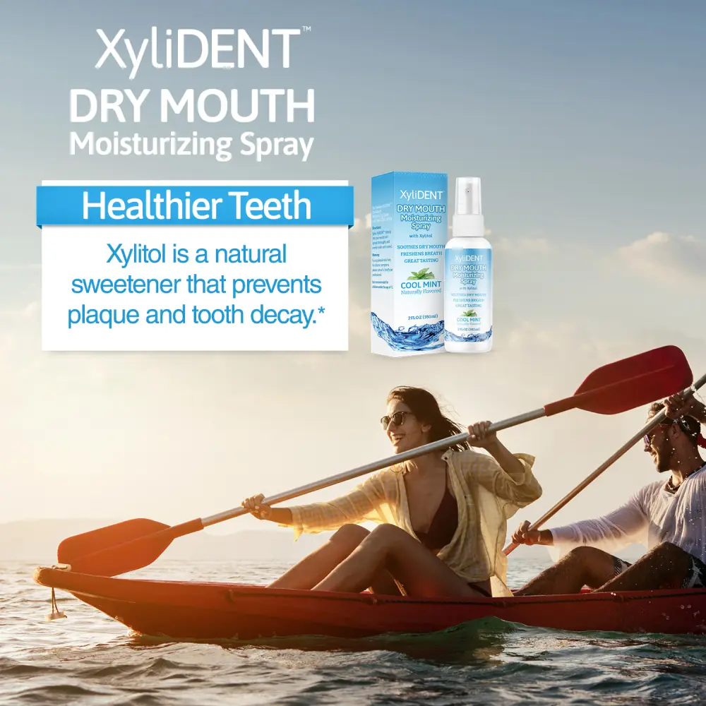 picture of man and woman canoeing in a water and image of xylitol moisturizing mouth spray for dry mouth by XyliDENT with Cool Mint flavor in bottle 59 ml | For website: healthychewinggum.com | Source: XyliDENT