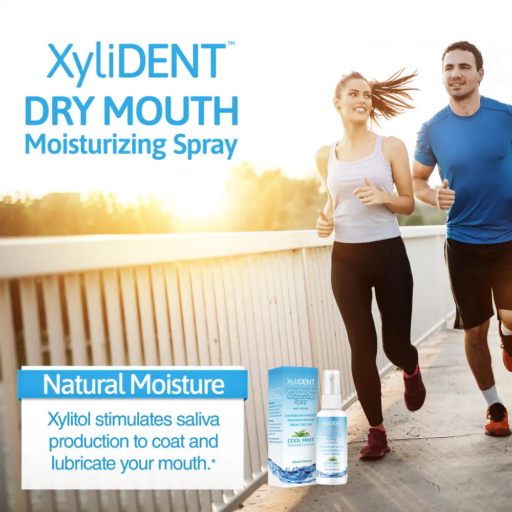 picture of man and woman running at sunset and description with image of xylitol moisturizing mouth spray for dry mouth by XyliDENT with Cool Mint flavor in bottle 59 ml | For website: healthychewinggum.com | Source: XyliDENT