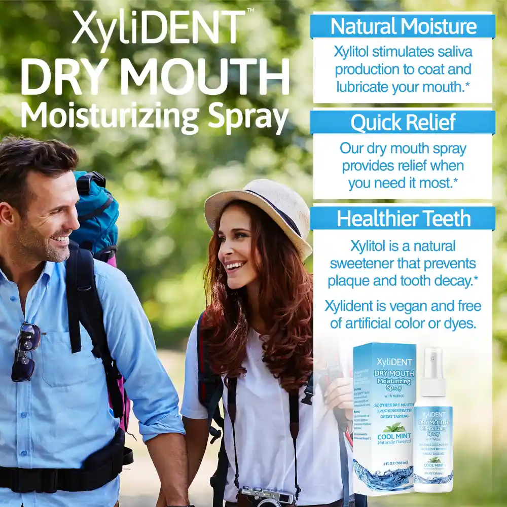 image of a man and a woman walking as tourists in nature with backpacks and image of xylitol moisturizing mouth spray for dry mouth by XyliDENT with Cool Mint flavor in bottle 59 ml | For website: healthychewinggum.com | Source: XyliDENT