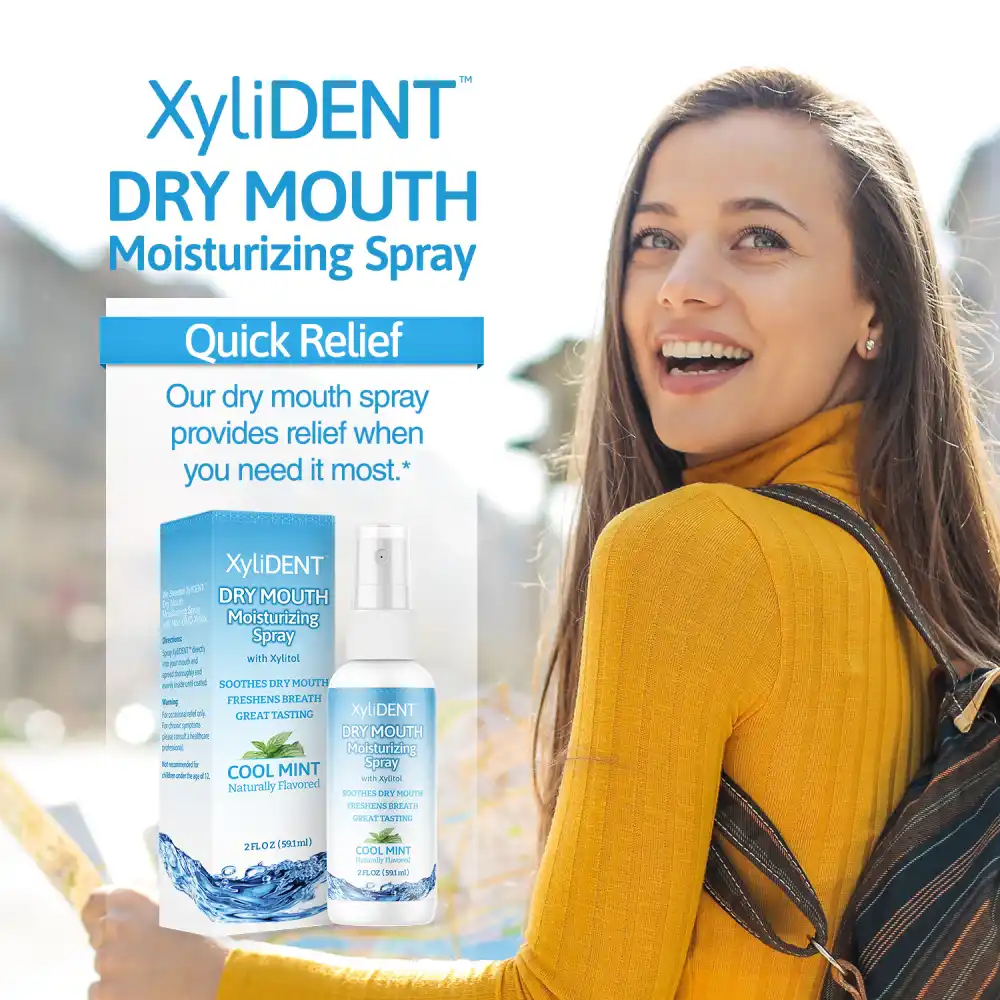 image of a woman in nature with backpack and a description with the benefits of xylitol moisturizing mouth spray for dry mouth by XyliDENT with Cool Mint flavor in bottle 59 ml | For website: healthychewinggum.com | Source: XyliDENT