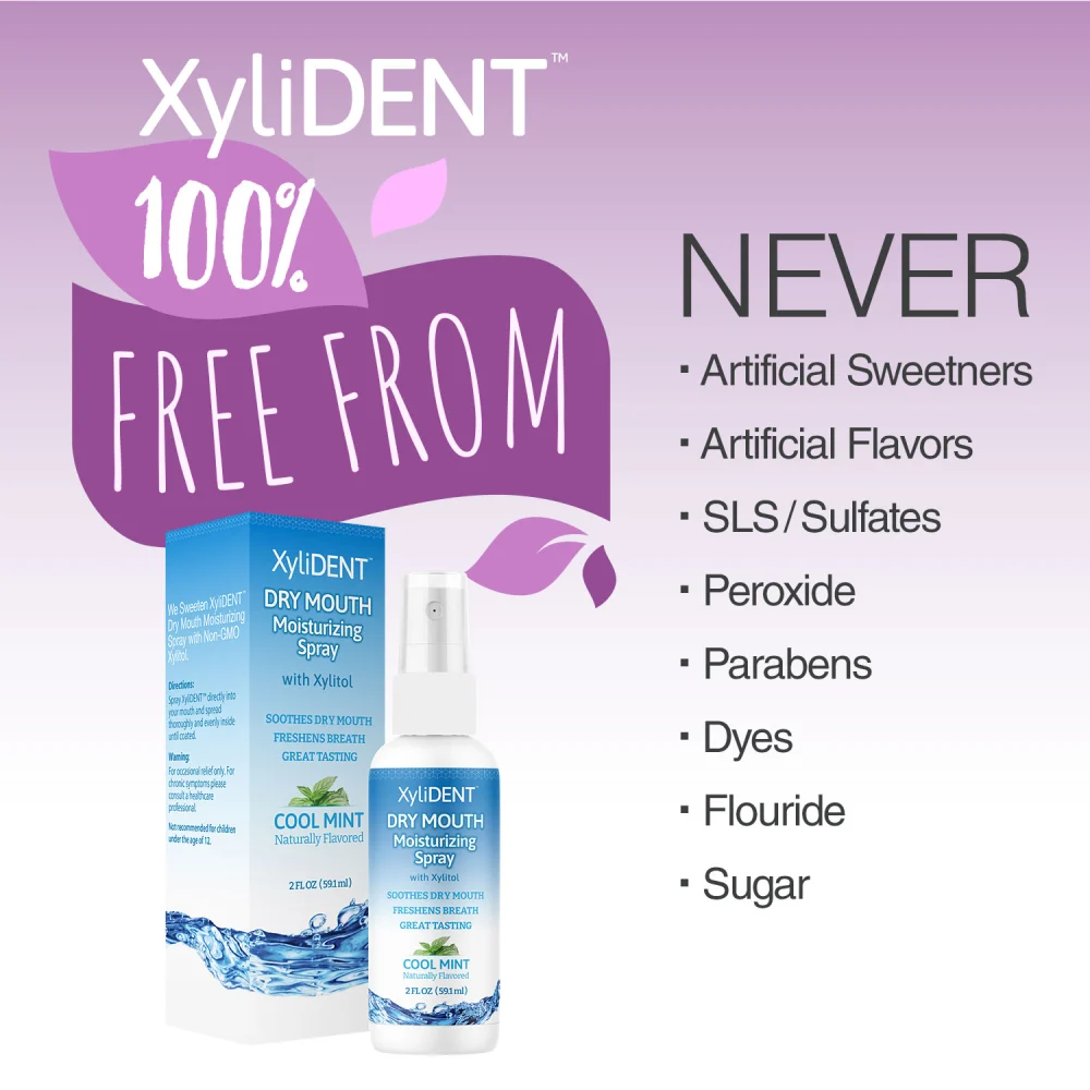 image of xylitol moisturizing mouth spray for dry mouth by XyliDENT with Cool Mint flavor in bottle 59 ml with text labels of benefits | For website: healthychewinggum.com | Source: XyliDENT