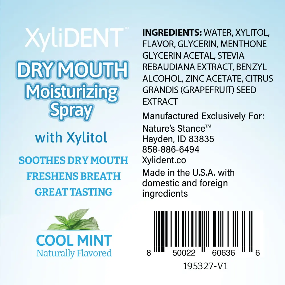 image of xylitol moisturizing mouth spray for dry mouth by XyliDENT with Cool Mint flavor in bottle 59 ml label only with ingredients | For website: healthychewinggum.com | Source: XyliDENT