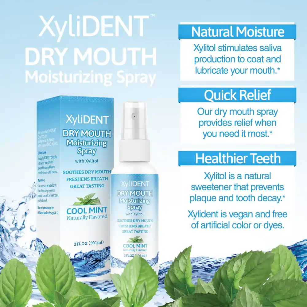 image of xylitol moisturizing mouth spray for dry mouth by XyliDENT with Cool Mint flavor in bottle 59 ml with text label at the bottom and with benefits on the right side | For website: healthychewinggum.com | Source: XyliDENT