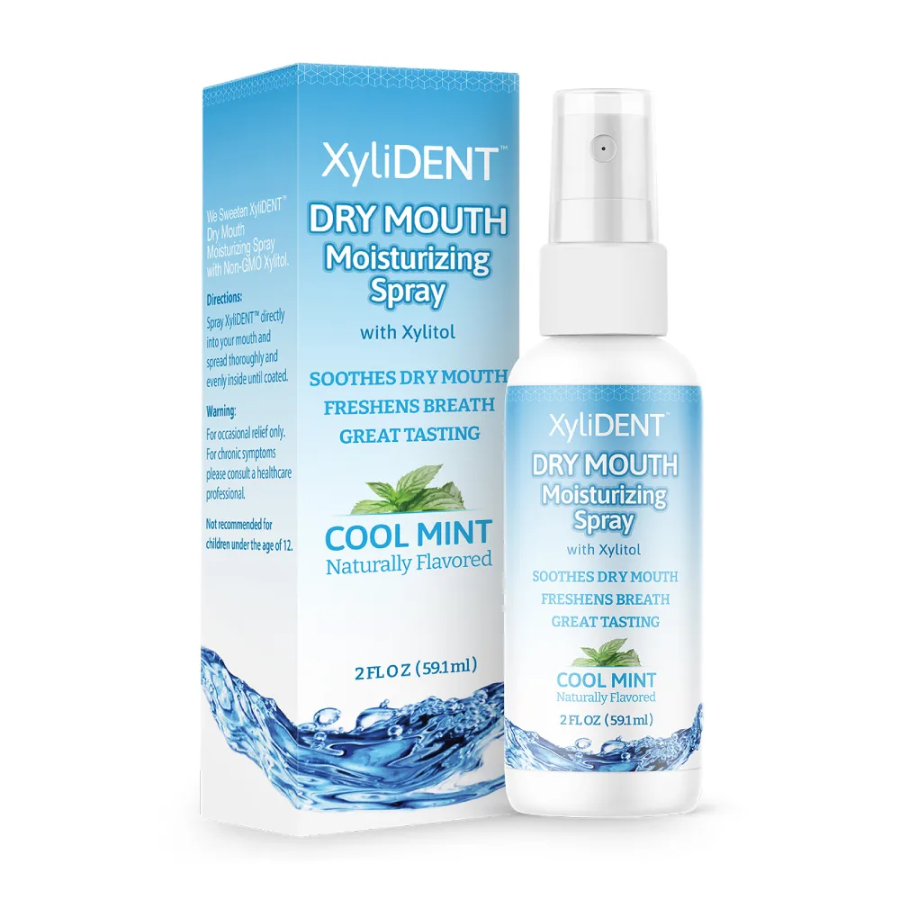 image of xylitol moisturizing mouth spray for dry mouth by XyliDENT with Cool Mint flavor in bottle 59 ml | For website: healthychewinggum.com | Source: XyliDENT