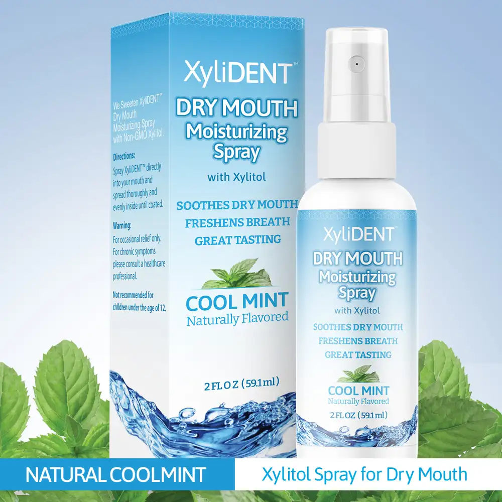 image of xylitol moisturizing mouth spray for dry mouth by XyliDENT with Cool Mint flavor in bottle 59 ml with text label at the bottom | For website: healthychewinggum.com | Source: XyliDENT