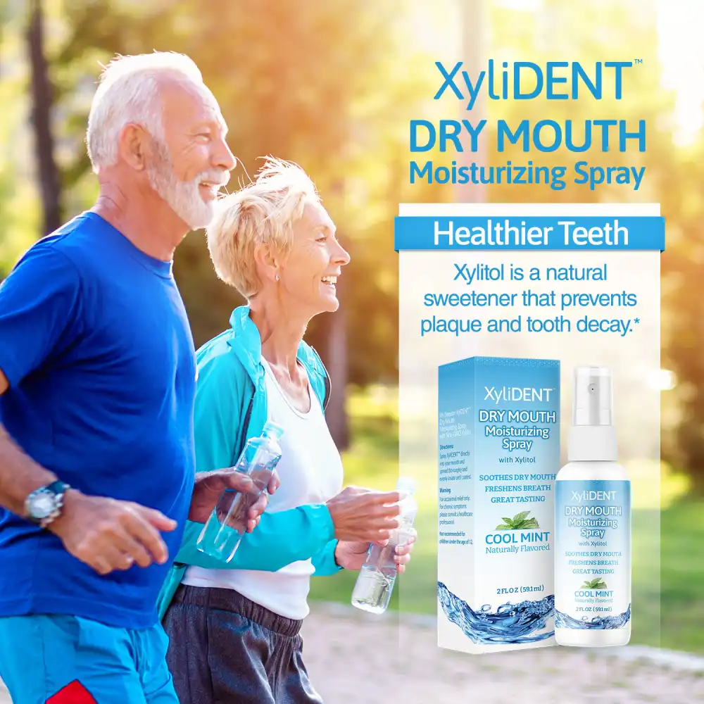picture with seniors running in a park with nature with image of xylitol moisturizing mouth spray for dry mouth by XyliDENT with Cool Mint flavor in bottle 59 ml | For website: healthychewinggum.com | Source: XyliDENT