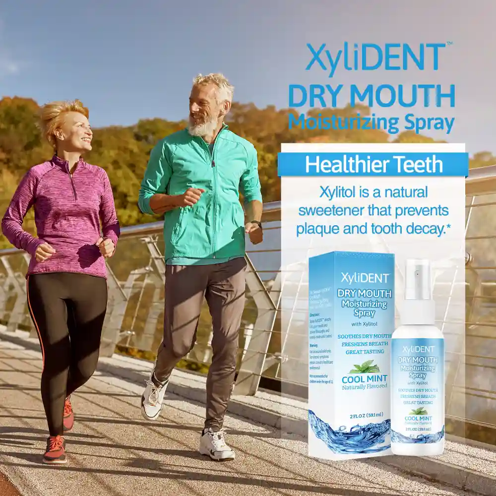 picture of elderly runners on a bridge in nature with picture of xylitol moisturizing mouth spray for dry mouth by XyliDENT with Cool Mint flavor in bottle 59 ml | For website: healthychewinggum.com | Source: XyliDENT