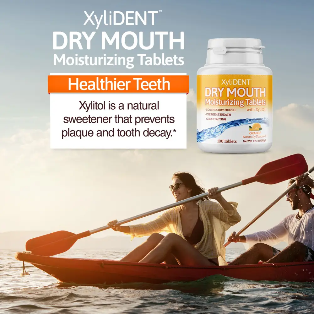 picture of man and woman canoeing in a water and a description with the benefits of xylitol moisturizing lozenges XyliDENT with Orange flavour in a bottle of 100 pcs aspartame free against dry mouth freshen breath | For website: healthychewinggum.com | Source: XyliDENT