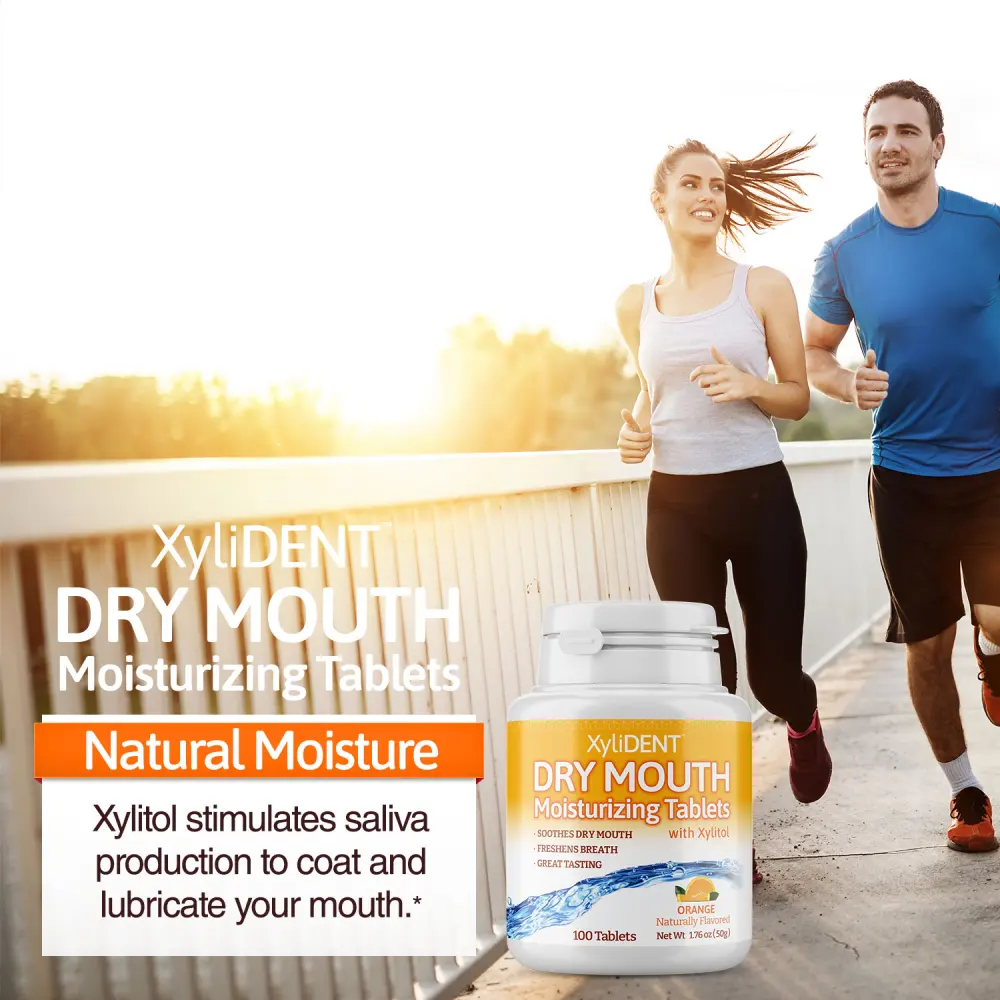 picture of man and woman running at sunset and description with the benefits of xylitol moisturizing lozenges XyliDENT with Orange flavour in a bottle of 100 aspartame free against dry mouth freshen breath | For website: healthychewinggum.com | Source: XyliDENT