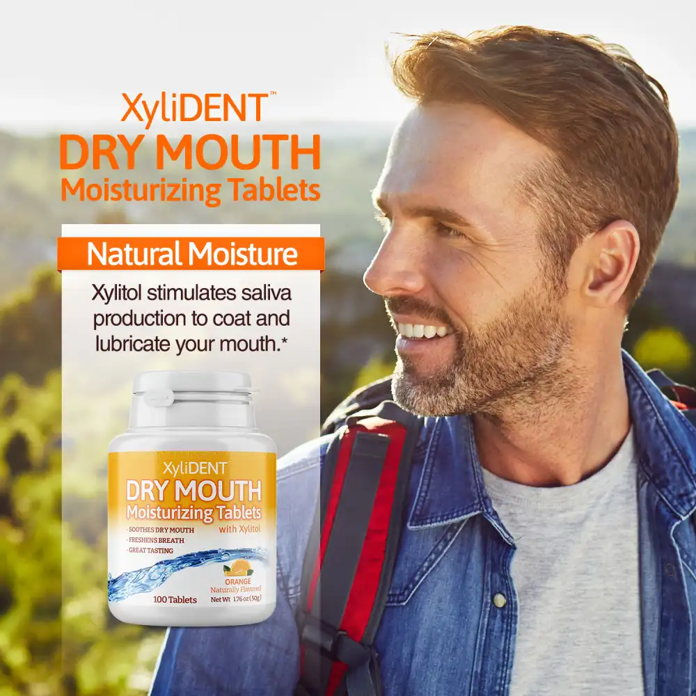 image of a man in nature with backpack and description with the benefits of xylitol moisturizing lozenges XyliDENT with Orange flavour in a bottle of 100 pcs aspartame free against dry mouth freshen breath | For website: healthychewinggum.com | Source: XyliDENT