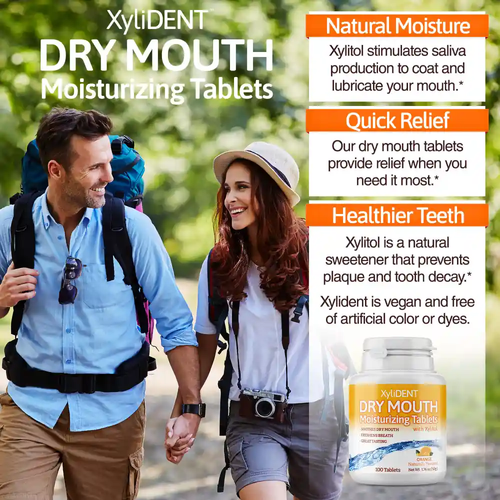 image of a man and a woman walking as tourists in nature with backpacks and description with the benefits of xylitol moisturizing lozenges XyliDENT with Orange flavour in a bottle of 100 pcs aspartame free against dry mouth freshen breath | For website: healthychewinggum.com | Source: XyliDENT