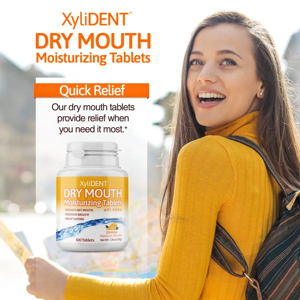 image of a woman in nature with backpack and a description with the benefits of xylitol moisturizing lozenges XyliDENT with Orange flavour in a bottle of 100 pieces aspartame free against dry mouth freshen breath | For website: healthychewinggum.com | Source: XyliDENT