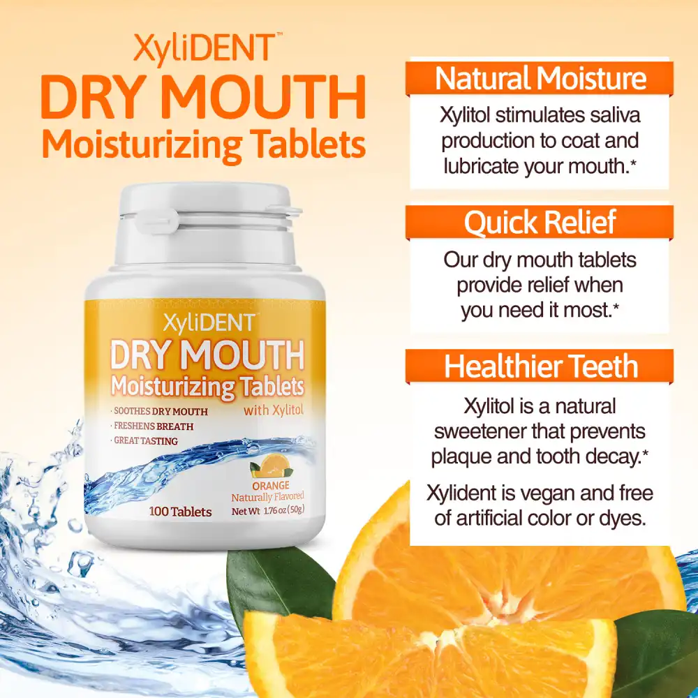 image of xylitol moisturizing lozenges XyliDENT with text label at the bottom and with benefits on the right side with Orange flavor in a bottle of 100 pieces aspartame free against dry mouth freshen breath | For website: healthychewinggum.com | Source: XyliDENT
