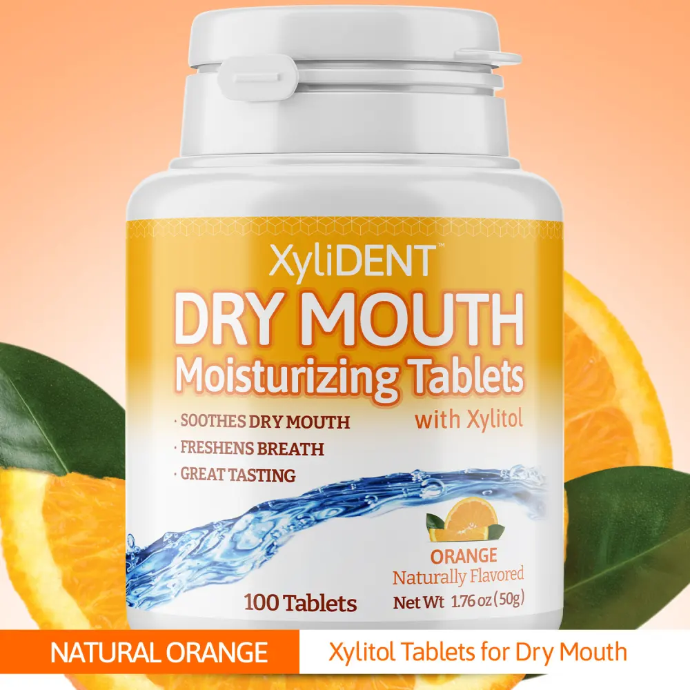 image of xylitol moisturizing lozenges XyliDENT with text label at the bottom with Orange flavor in a bottle of 100 aspartame free against dry mouth freshen breath | For website: healthychewinggum.com | Source: XyliDENT