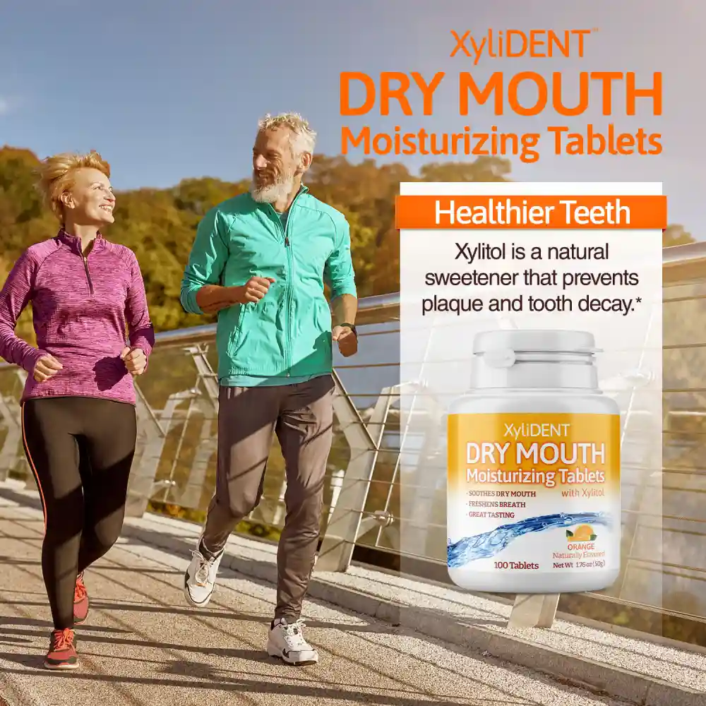 a picture of elderly runners on a bridge in nature with xylitol moisturizing lozenges XyliDENT with Orange flavor in a bottle of 100 without aspartame against dry mouth freshen the breath | For website: healthychewinggum.com | Source: XyliDENT