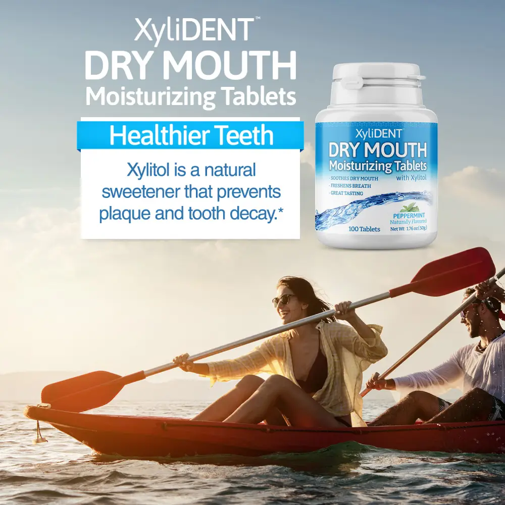 picture of man and woman canoeing in a water and a description with the benefits of xylitol moisturizing lozenges XyliDENT with peppermint flavour in a bottle of 100 aspartame free against dry mouth freshen breath | For website: healthychewinggum.com | Source: XyliDENT