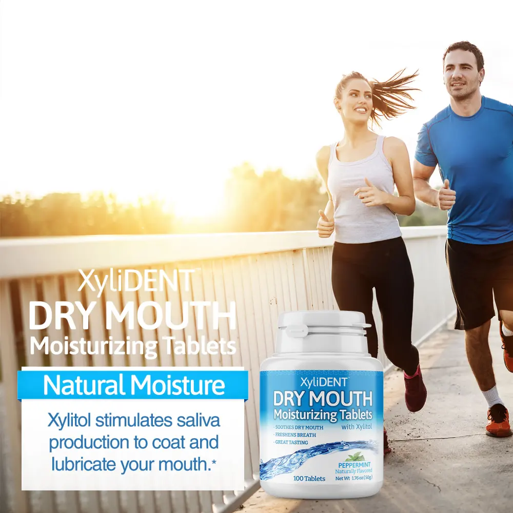 picture of man and woman running at sunset and description with the benefits of xylitol moisturizing lozenges XyliDENT with peppermint flavour in a bottle of 100 aspartame free against dry mouth freshen breath | For website: healthychewinggum.com | Source: XyliDENT