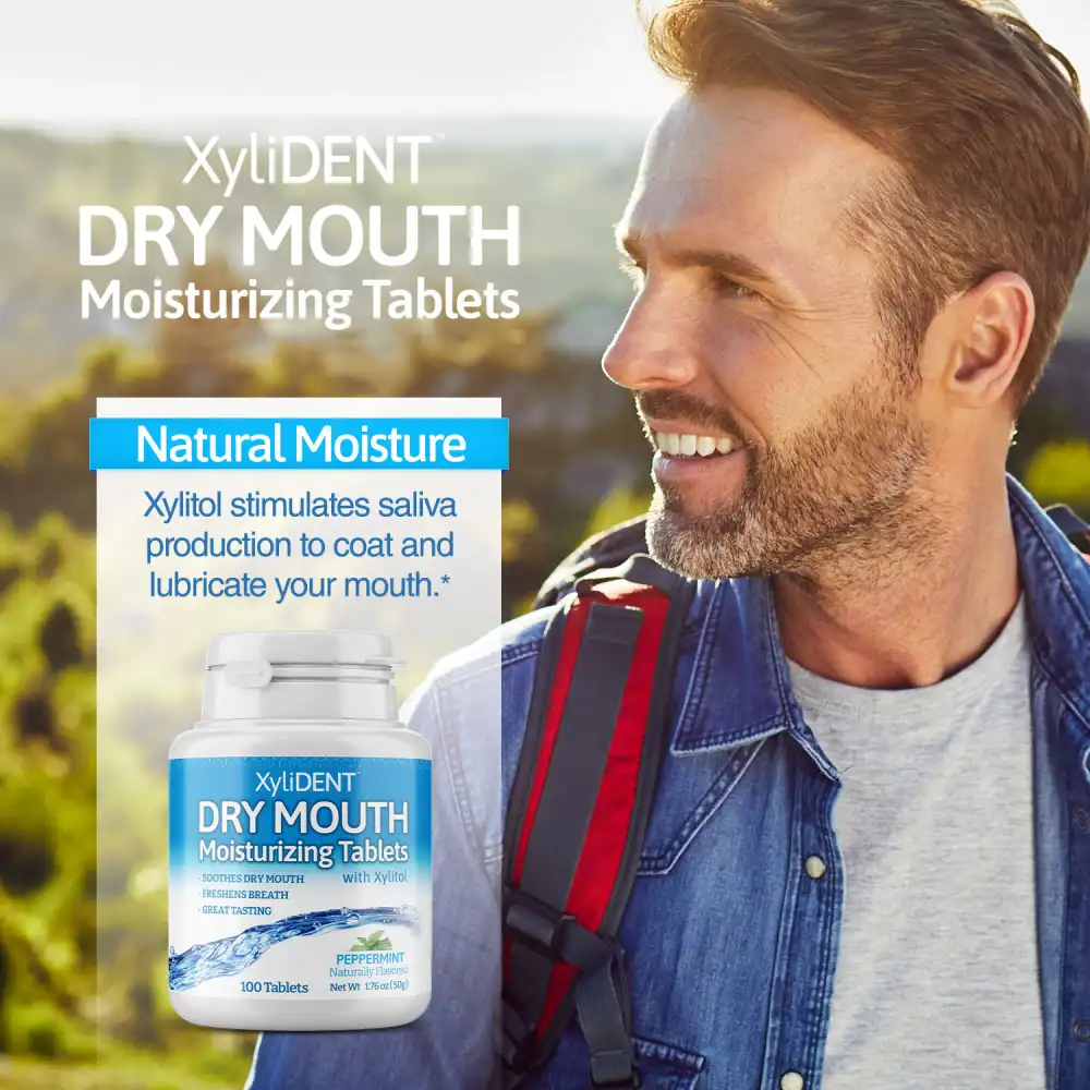 image of a man in nature with backpack and description with the benefits of xylitol moisturizing lozenges XyliDENT with peppermint flavour in a bottle of 100 aspartame free against dry mouth freshen breath | For website: healthychewinggum.com | Source: XyliDENT